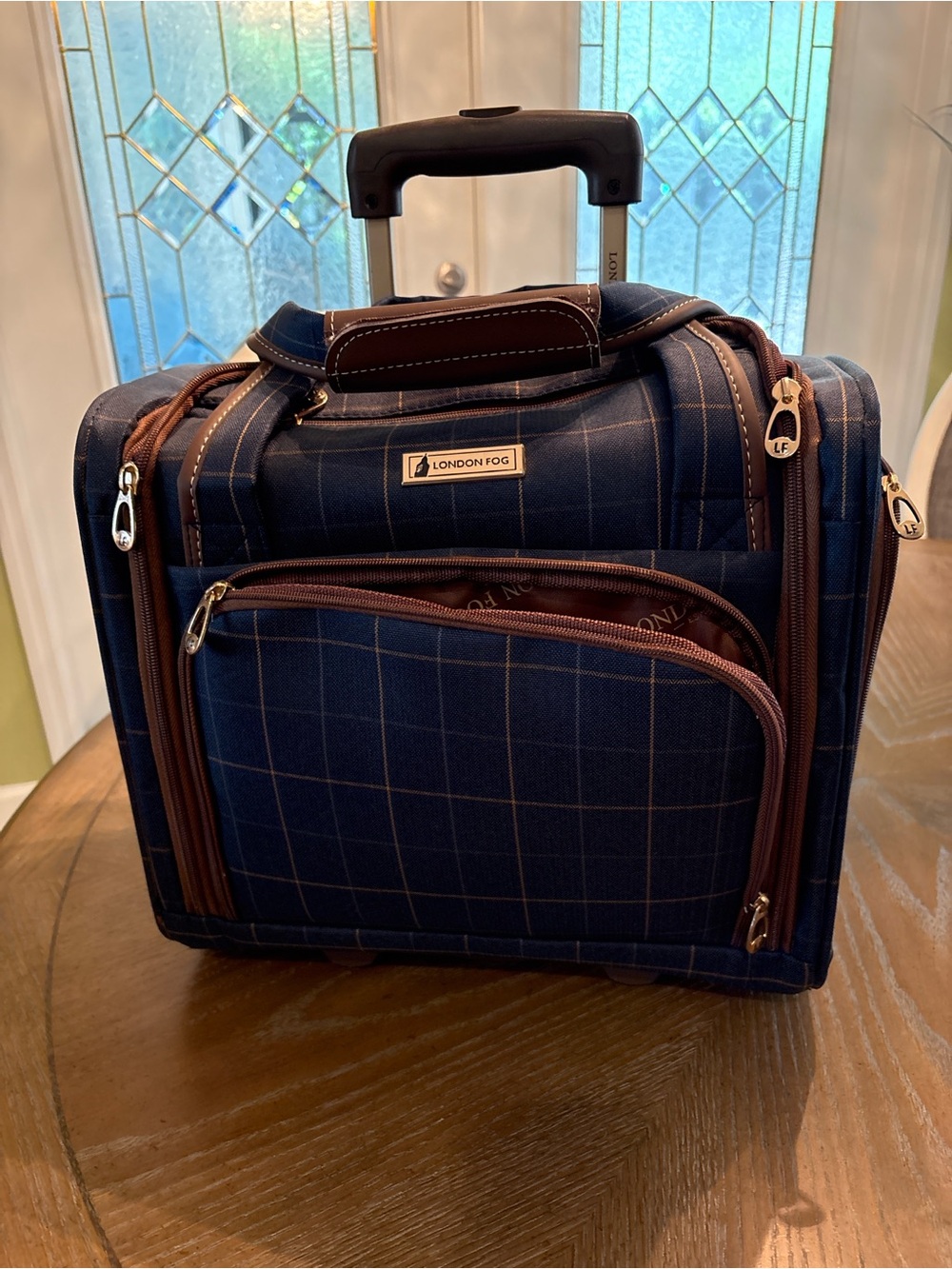 London Fog Navy Plaid Rolling Carry-On Brief